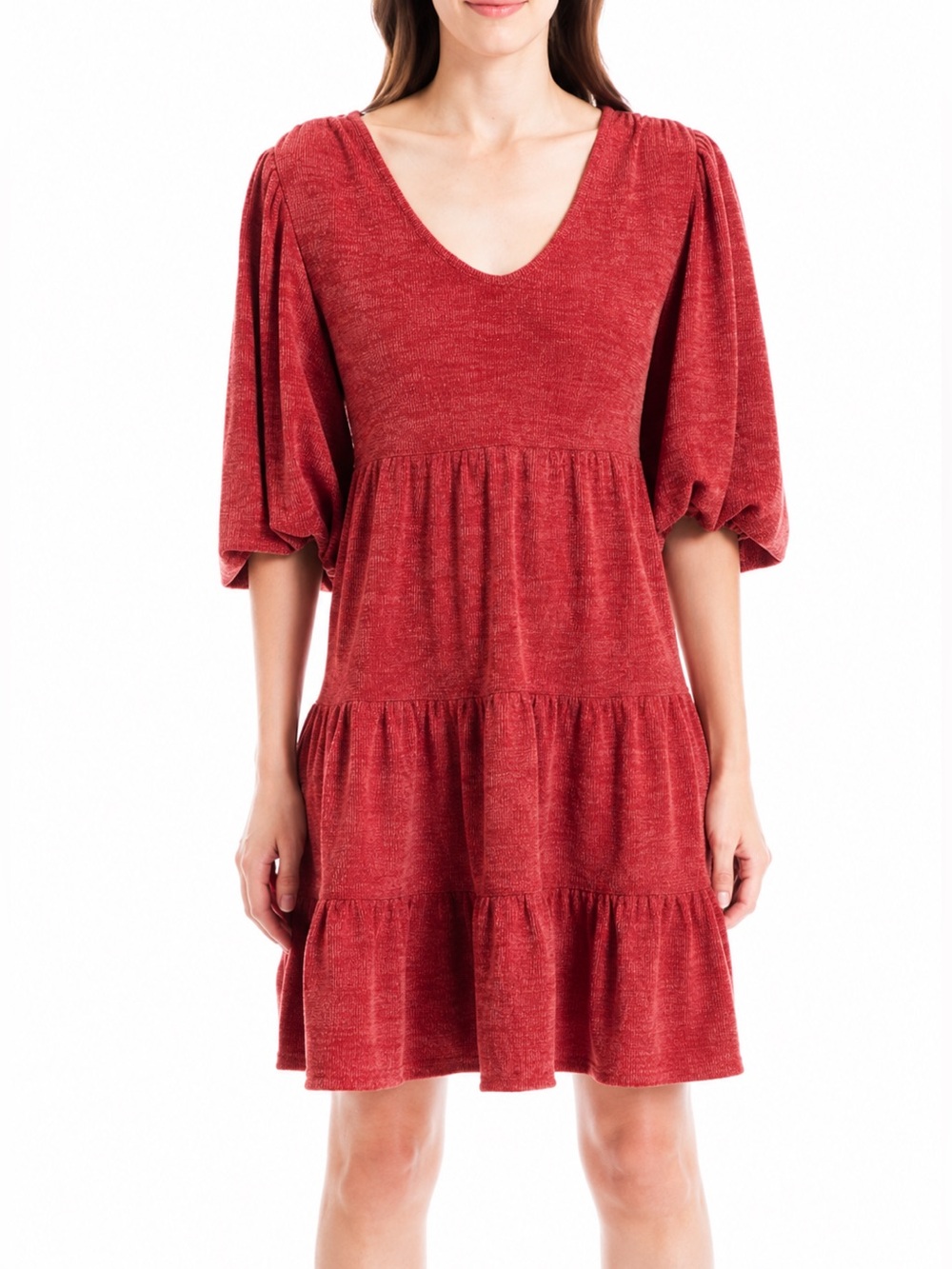MAX STUDIO Rib Knit Elbow Sleeve Tiered Short Dress – Size S | NWT